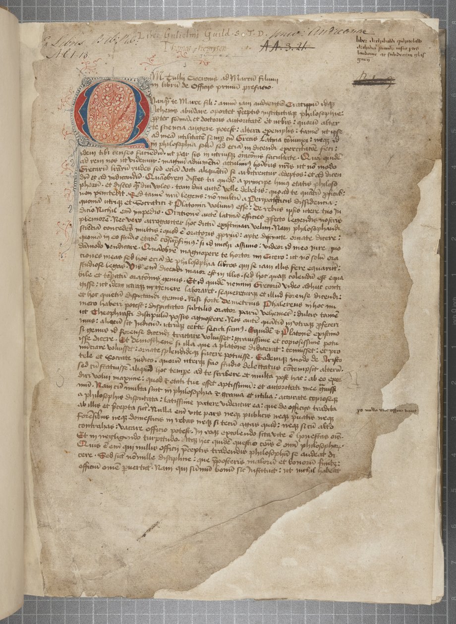 Marcus Tullius Ciceron filosofisten teosten transkriptio, kolmessa kädessä, ilmeisesti otettu vuoden 1471 editio romanasta, marginaalit Archibald Whitelawin ja muiden käsissä, n. 1480 (muste pergamentille) tekijältä Unbekannt