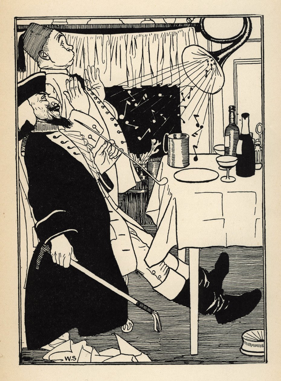 Trumpetti, joka oli jäätynyt, tuottaa itsestään ääniä kuumentuessaan, sillä on hauska ja hämmästynyt kaikki kuvitus William Strang (1859-1921) ja JB Clark Rudolf Erichin Münchausenin paronin (Munchhausen) seikkailuista Raspe (1736- tekijältä Unbekannt