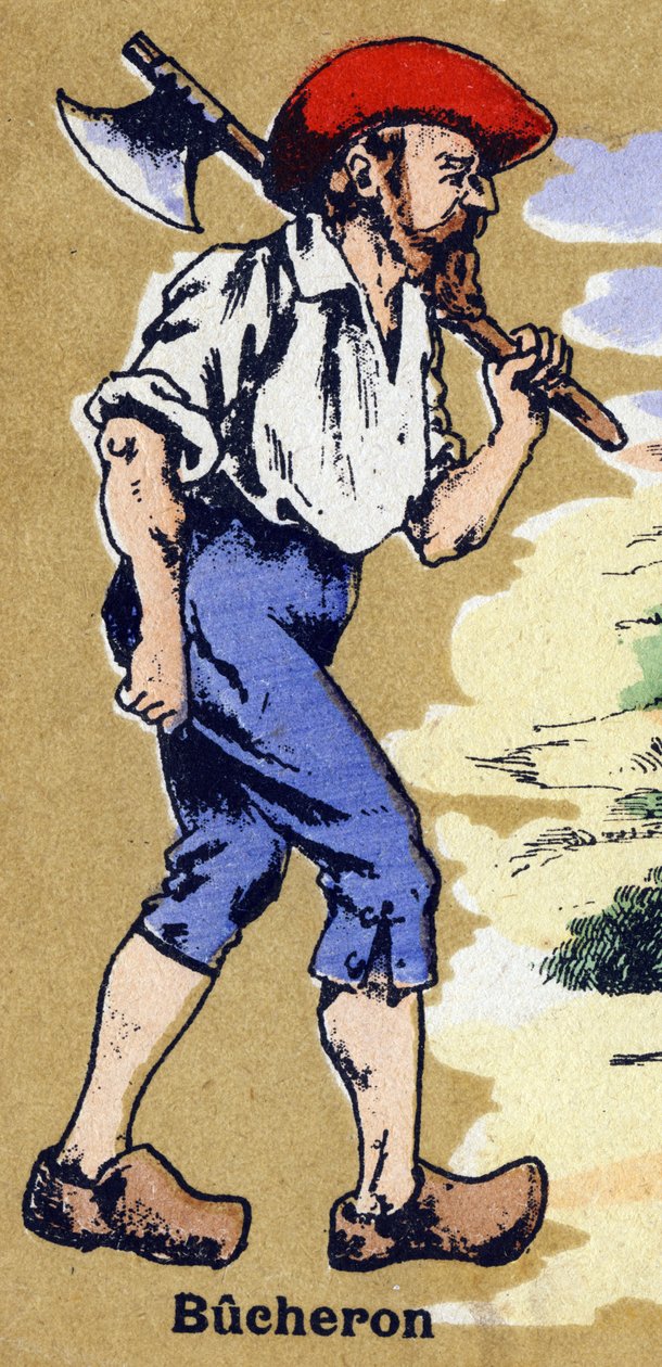 Puumies lähtee katkaisemaan puuta kirveellä. Kuvitettu aakkoset. Kuvat yhdistyivät Jarville-Nancyssa 1900-luvun alussa. Mitat: 40 x 29 cm. Litografia bistre-taustalla tekijältä Unbekannt