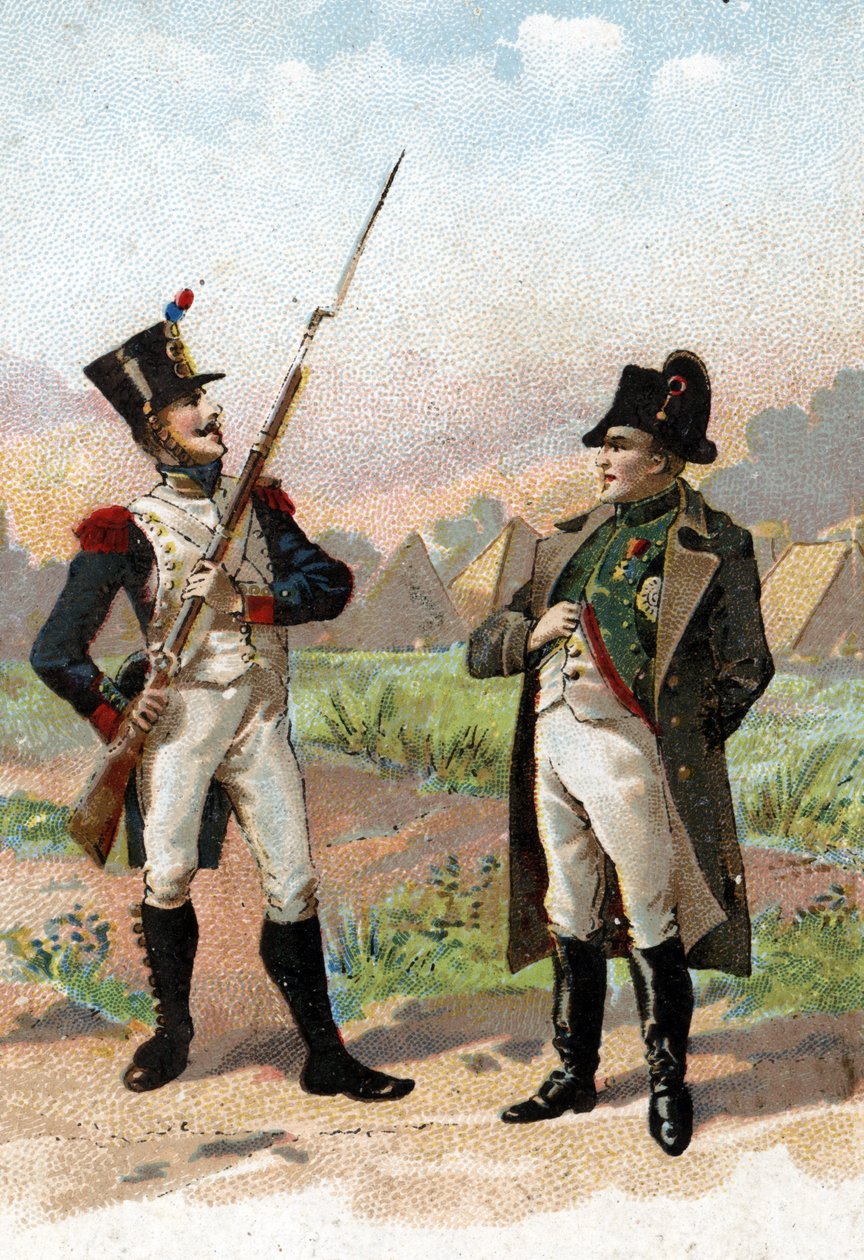 Nuori sotilas pysäyttää Napoleon I:n matkalla 1805. 1800-luku (kromolitografia) tekijältä Unbekannter Künstler