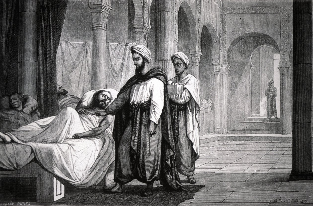 Abulcasis (936-1013), kalifi Al-Hakam II:n lääkäri, Cordoban sairaalassa (Espanja), kaiverruskuvaus tekijältä Unbekannter Künstler