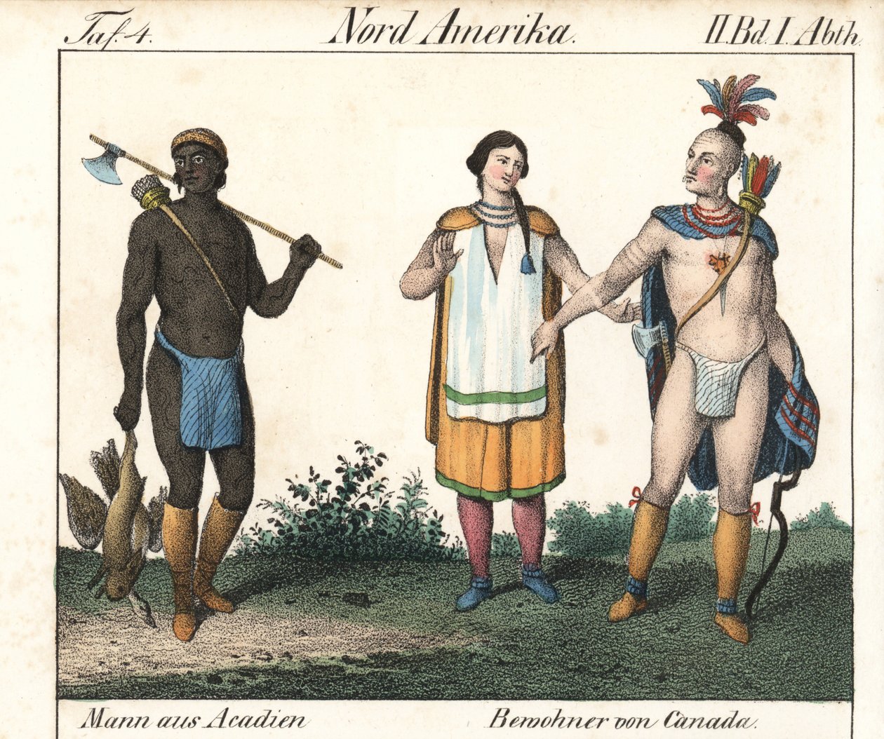 Akadialainen mies, jolla on tatuoitu vartalo, ja pari Kanadan intiaania. Litografia kirjaa varten: Friedrich Wilhelm Goedsche (1785-1863) "Galerie complete en tableaux fideles des peuples d