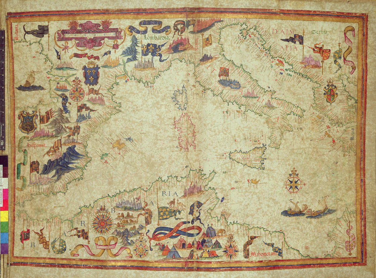 Lisänumero 5415A, ff.11v-12r: Välimeren rannikko Gibraltarin salmesta Moreaan Adrianmeren kanssa, n. 1558 (vellum) tekijältä Unbekannter Künstler