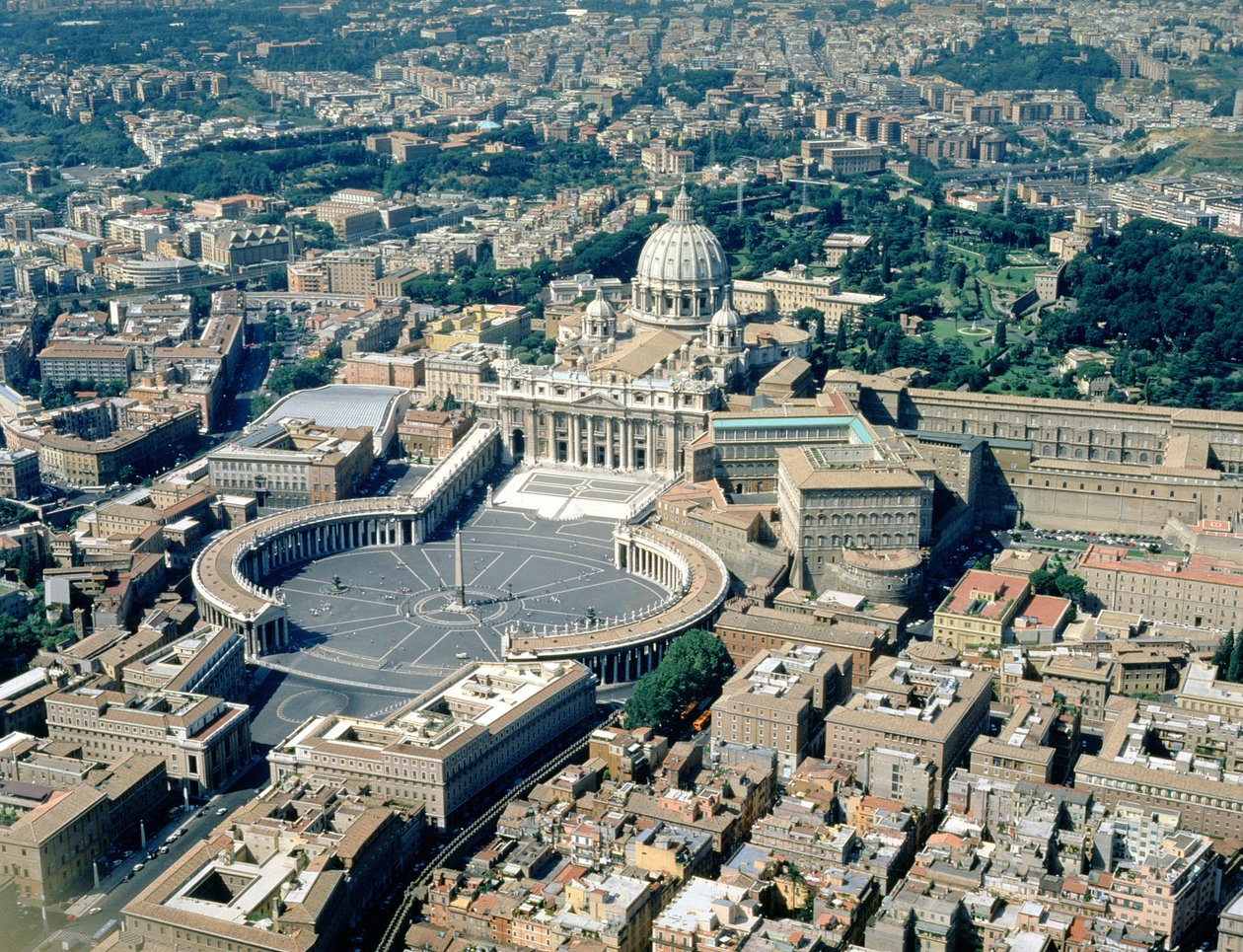 Ilmakuva Kreikan ristin basilikasta, Piazza San Pietrosta ja ympäröivästä Vatikaanista (kuva) tekijältä Unbekannt