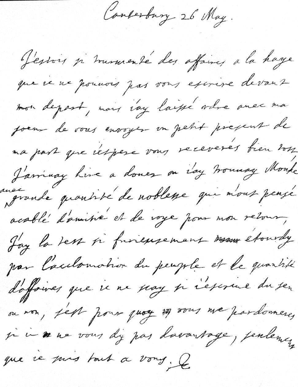 Charles II:n rakastava kirje siskolleen Henrietta Annelle, kirjoitettu ranskaksi Canterburyssa, seuraavana päivänä hänen saapumisensa jälkeen Doveriin, 26. toukokuuta tekijältä Unbekannt