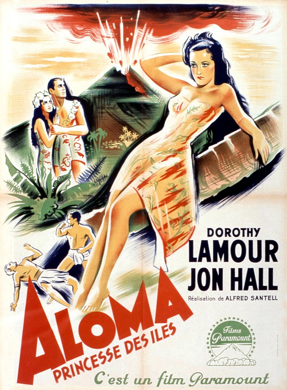 AlfredSantellin Aloma of the South Seas -elokuvajuliste, pääosissa Dorothy Lamour ja Jon Hall 1941 tekijältä Unbekannt
