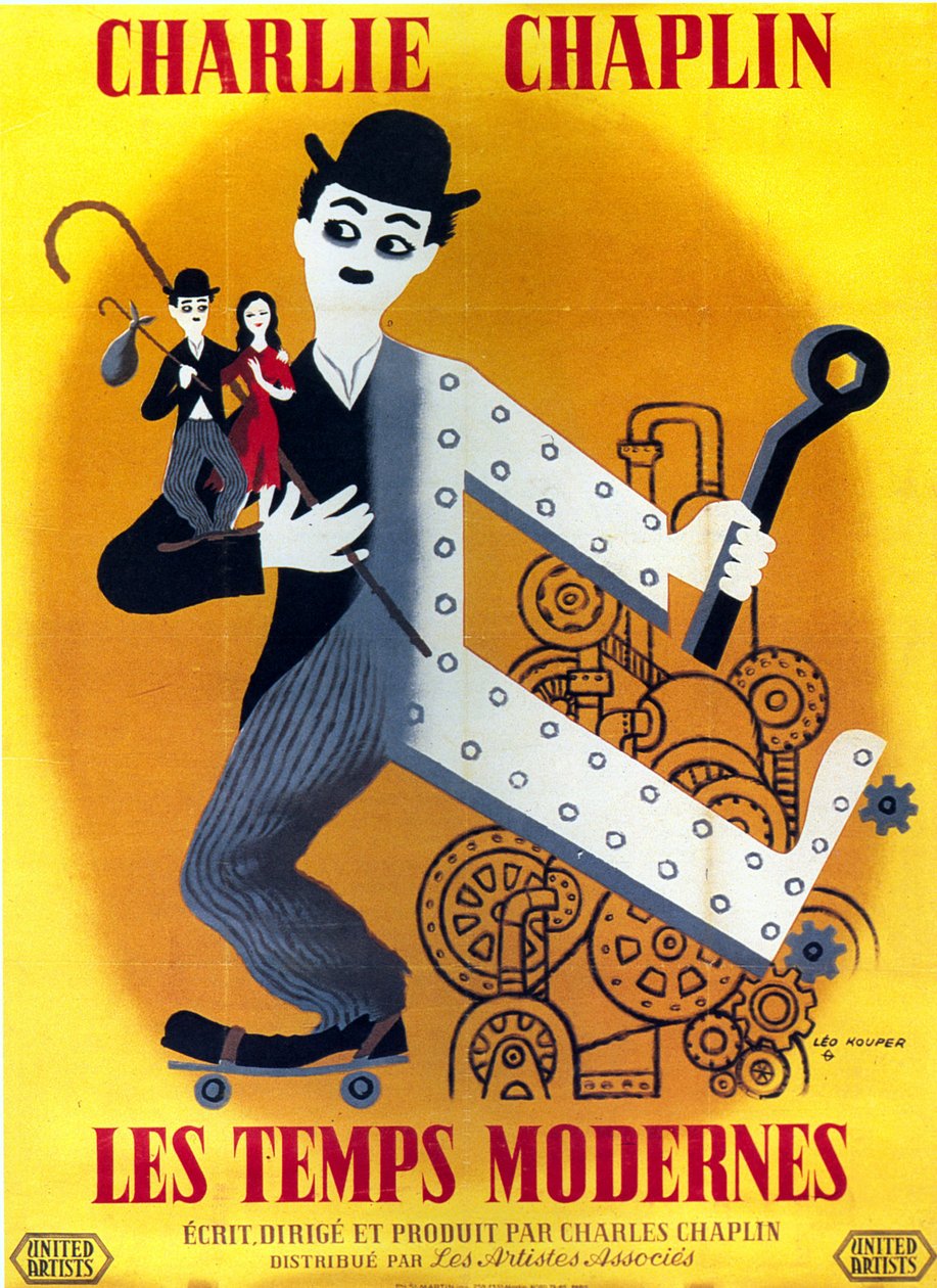 Charlie Chaplin Modern Times -elokuvajuliste Charlie Chaplinin pääosassa 1936 tekijältä Unbekannt