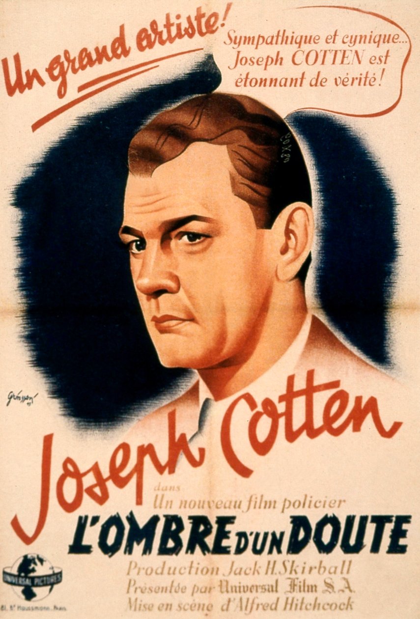 AlFredhitchcockin ja Joseph Cottenin elokuvan Shadow of a Doubt juliste 1943 tekijältä Unbekannt