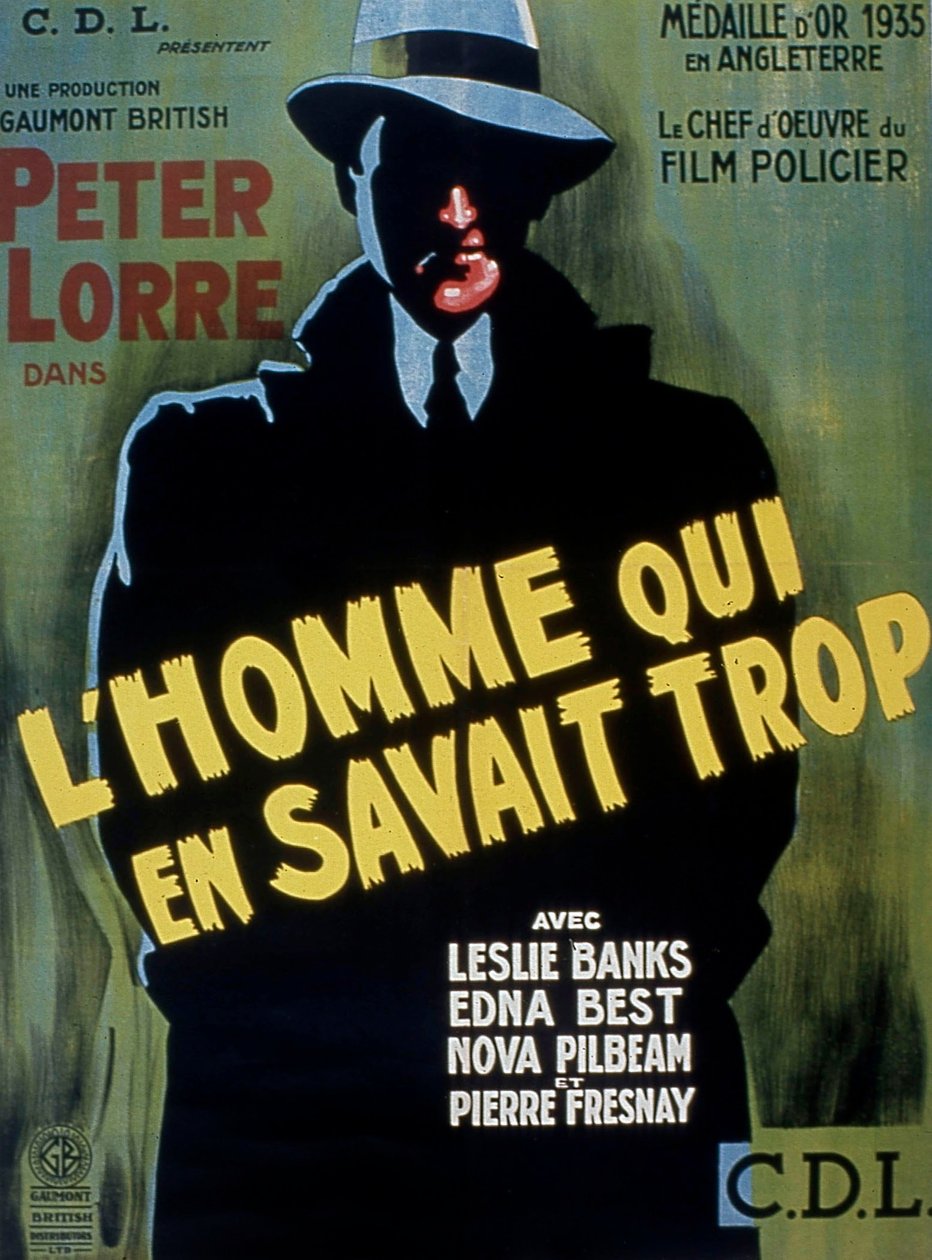 THE MAN WHO KAWAN TOO MECH -elokuvajuliste, jonka on ohjannut AlFredhitchCock Peter Lorren kanssa 1934 tekijältä Unbekannt