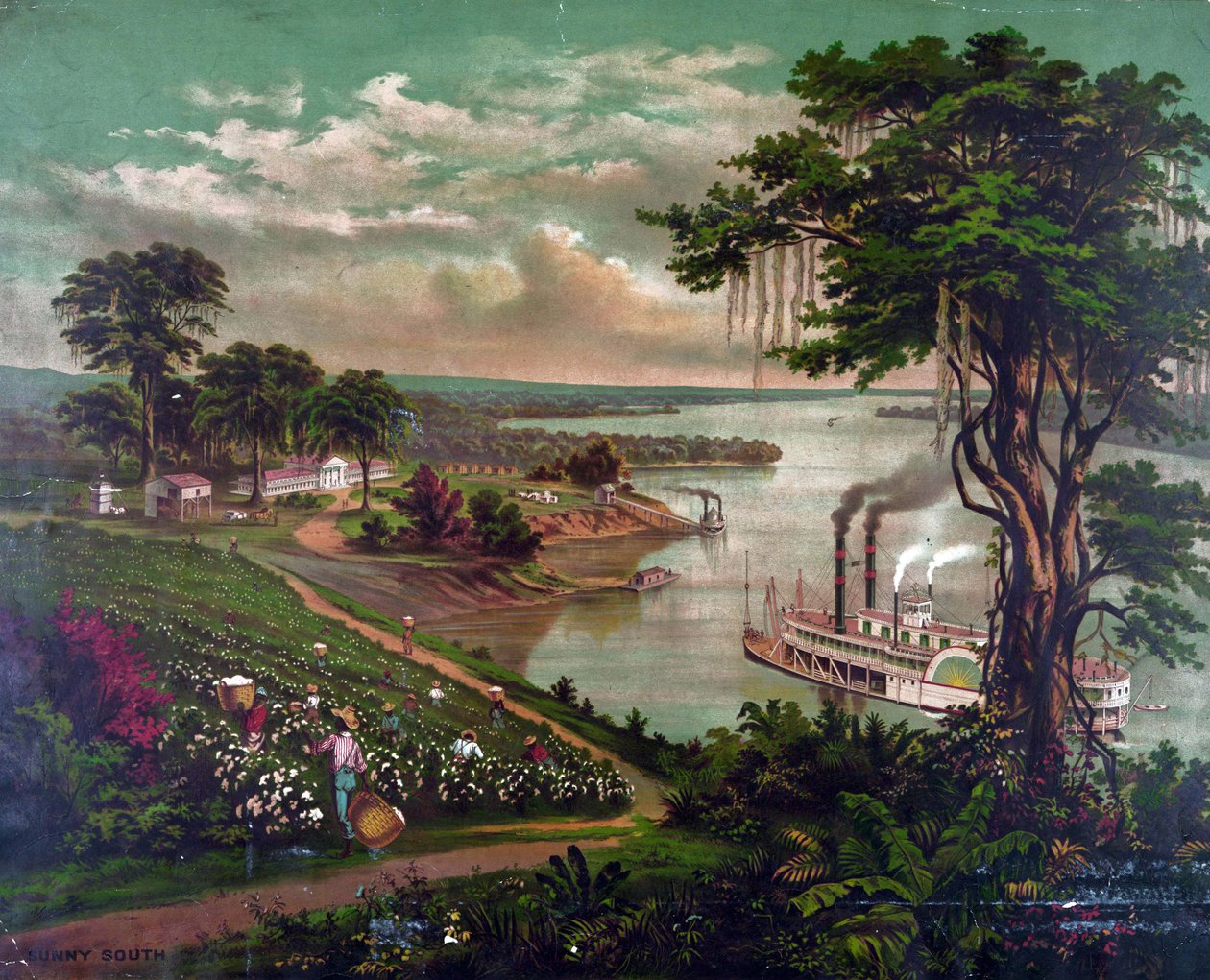 Afroamerikkalaisia poimimassa puuvillaa Mississippi-joen varrella sijaitsevalla plantaasilla, noin 1883. Vasemmalla istutuksen talo, oikealla työläisten mökit. Laituri puuvillapaalien lastausta varten, keskellä. Mela höyrylaiva joki maatalous tekstiili mai tekijältä Unbekannter Künstler