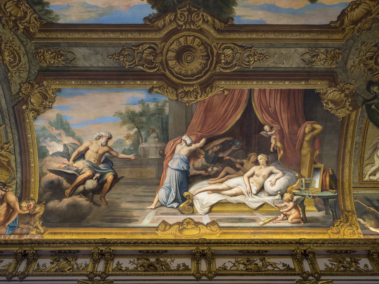Allegorie du Feu edustaa Jupiteria ja Semeleä, Ludvig XIII (1601-1643) vierailemassa Anne of Austrian (1601-1666) luona (Louis XIV:n käsitys). François Perrierin (1594-1649) maalaus Galerie doreen holvista tekijältä Unbekannt