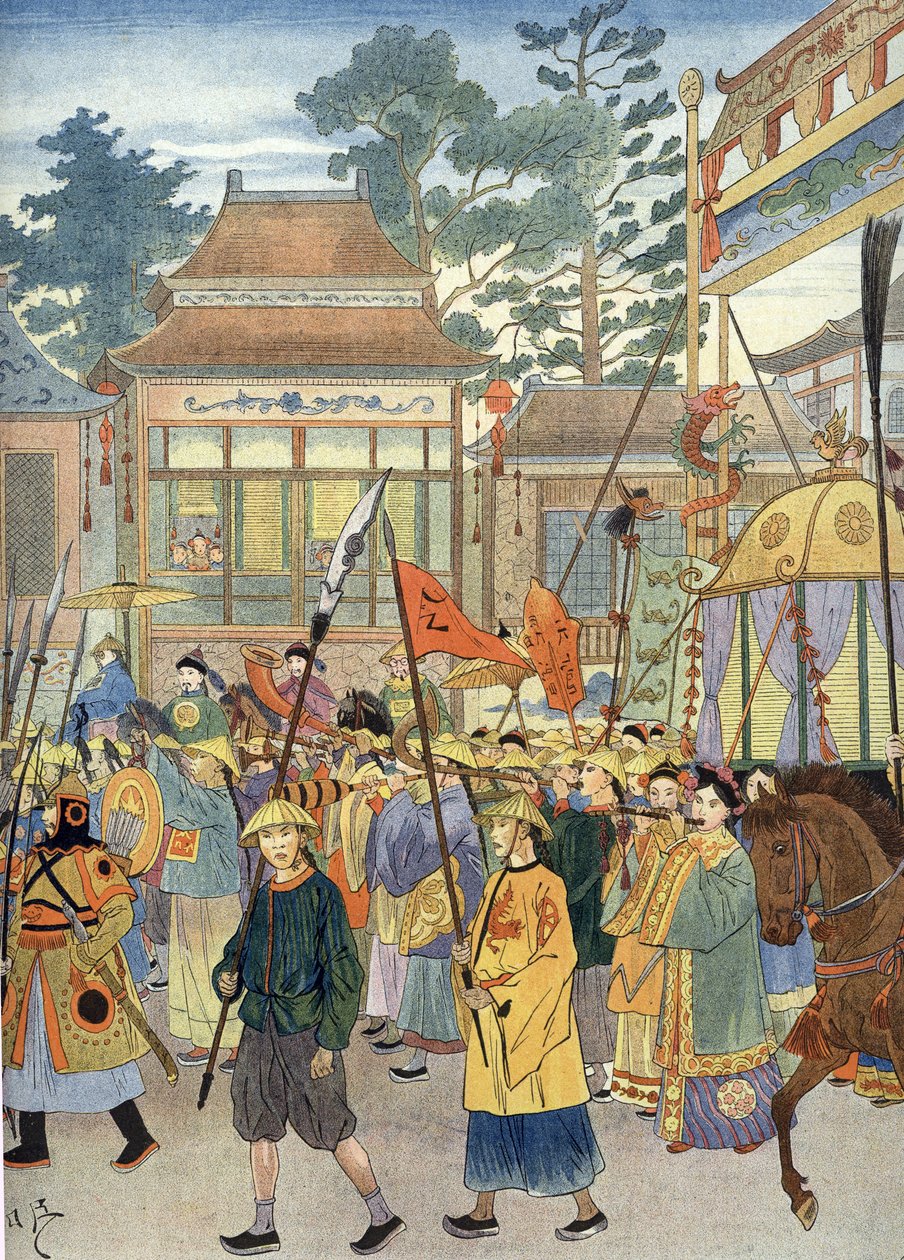 Allegoria antiikin Kiinan hymnistä: Keisari palankiinassa, noin 1900 (kuva) tekijältä Unbekannter Künstler