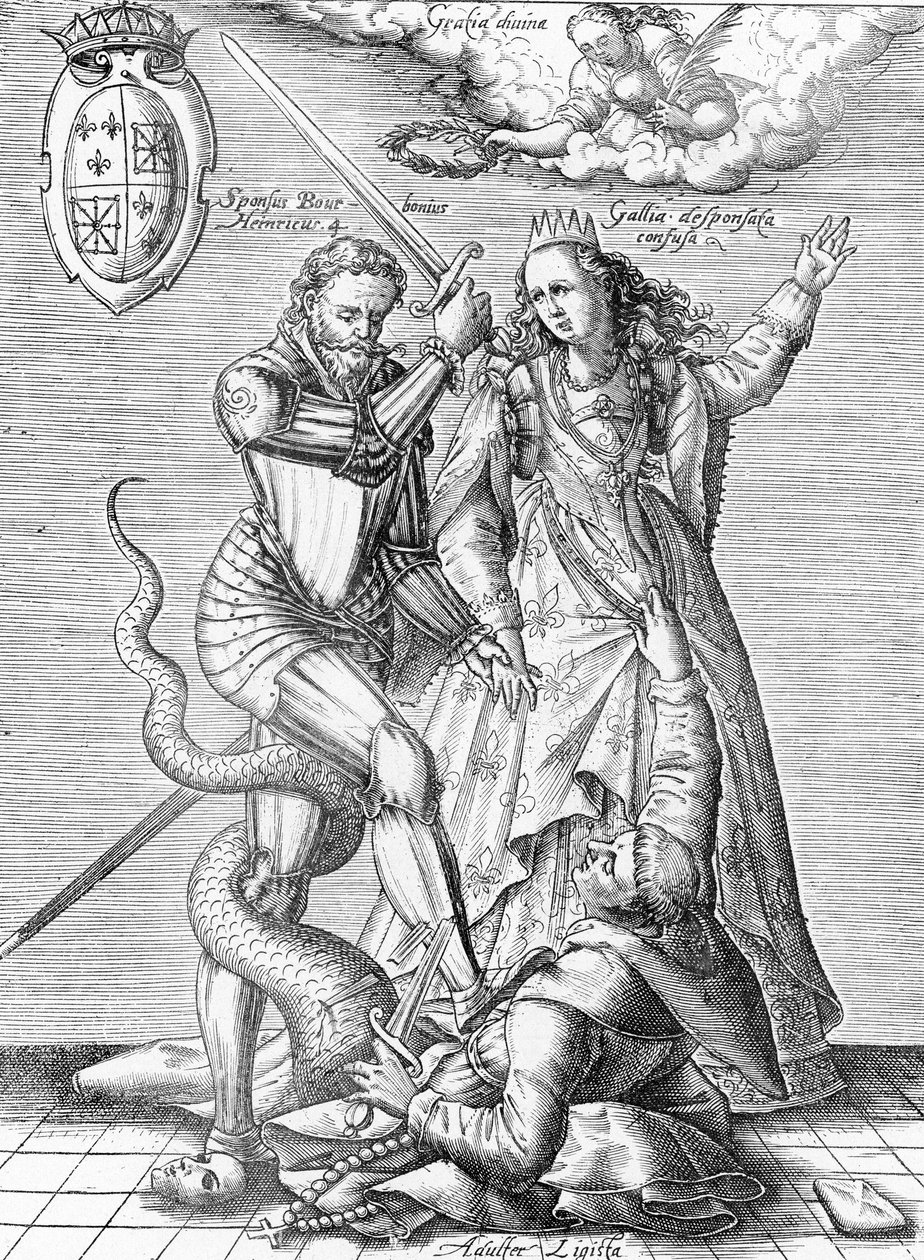 Allegoria katolisen liiton kuolemasta, joka esitetään munkkina, jonka ruumiin käärme tappaa Ranskan kuningas Henrik IV ja Ranska. 1800-luvun loppupuoli (kaiverrus Henri Varennesin ja Edgar Troimaux