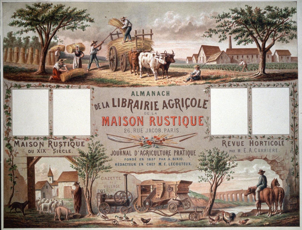 Almanakka, jossa kuvataan perinteisiä ja nykyaikaisia viljelymenetelmiä. n. 1870-80 (värilitro). tekijältä Unbekannter Künstler