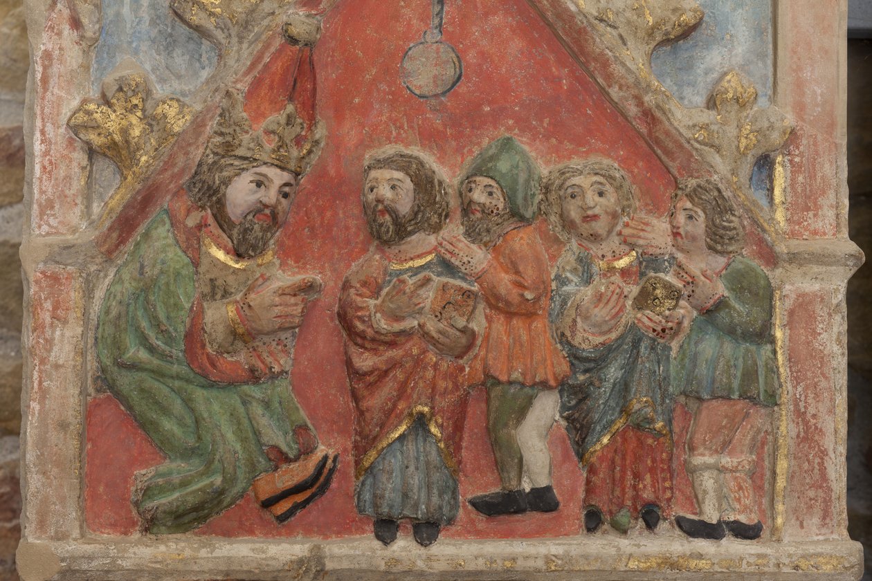 Alttaritaulu. monivärinen kivi. 1300-luvun toinen puoli. Alkuperäinen entinen Torre de Rialbin seurakuntakirkko. Yksityiskohta. Keskirekisteri. Vasen paneeli. Yläosa: Saints Iscle ja Victoria virkamiesten kanssa. tekijältä Unbekannt