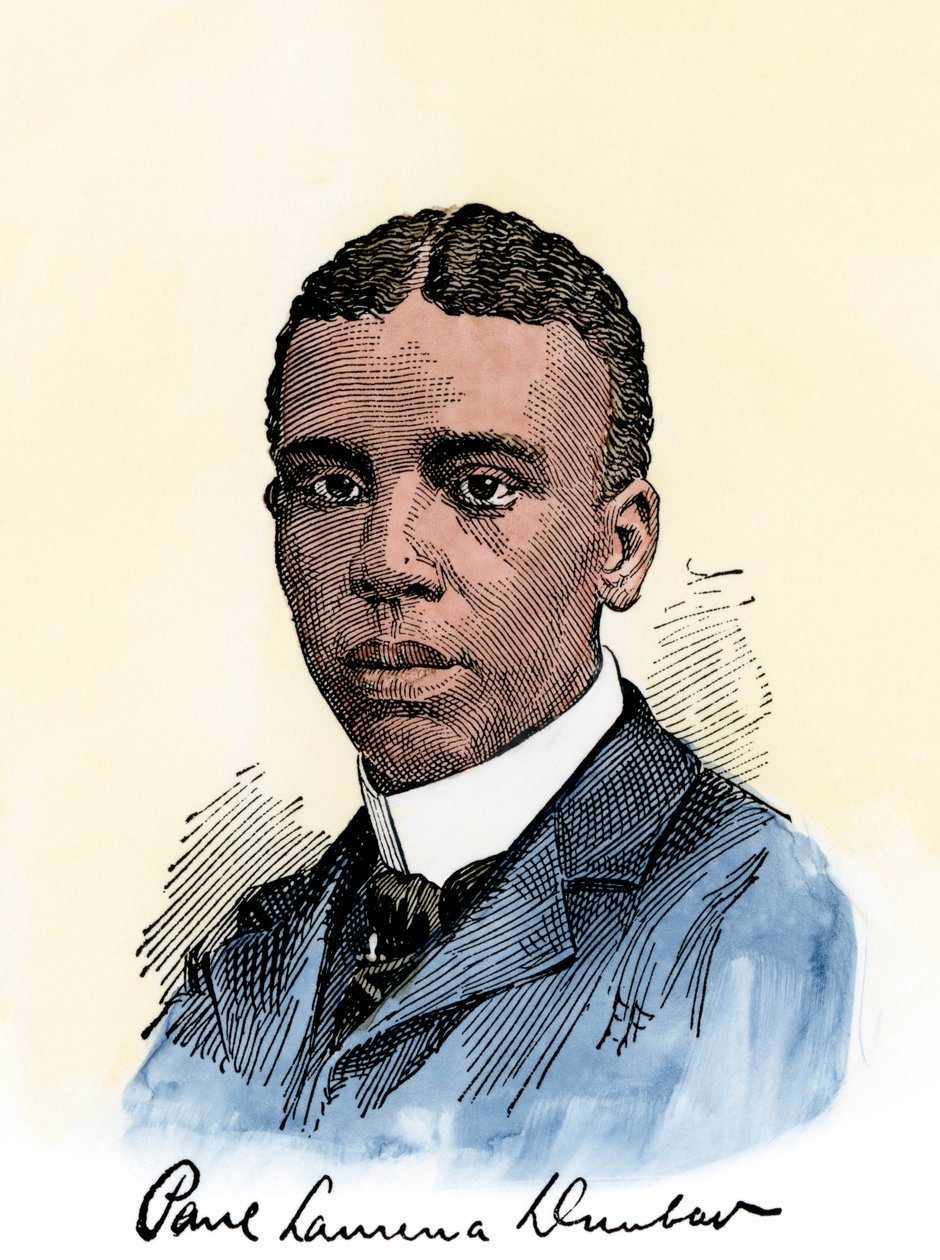 Amerikkalainen runoilija Paul Lawrence Dunbar (1872-1906) ja hänen nimikirjoituksensa. Käsinväritetty puupiirros 1800-luvun kuvituksesta. tekijältä Unbekannter Künstler