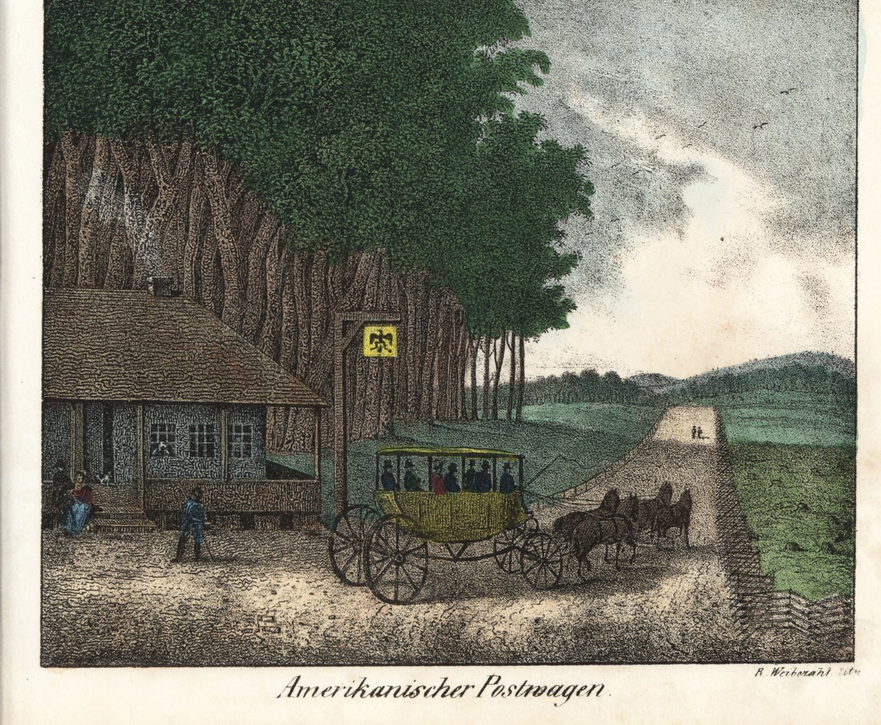 Amerikkalainen postitoimisto ja huolellisuus. Kirjan litografia: Friedrich Wilhelm Goedsche (1785-1863) "Galerie complete en tableaux fideles des peuples d