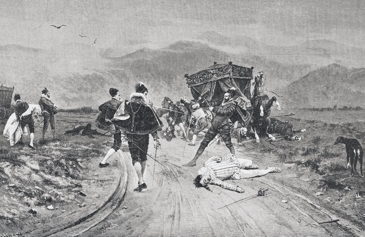 Hyökkäys linja-autoa vastaan, 1600-luvun puoliväli, "La Ilustracion Artistica", julkaistu 1887 tekijältä Unknown