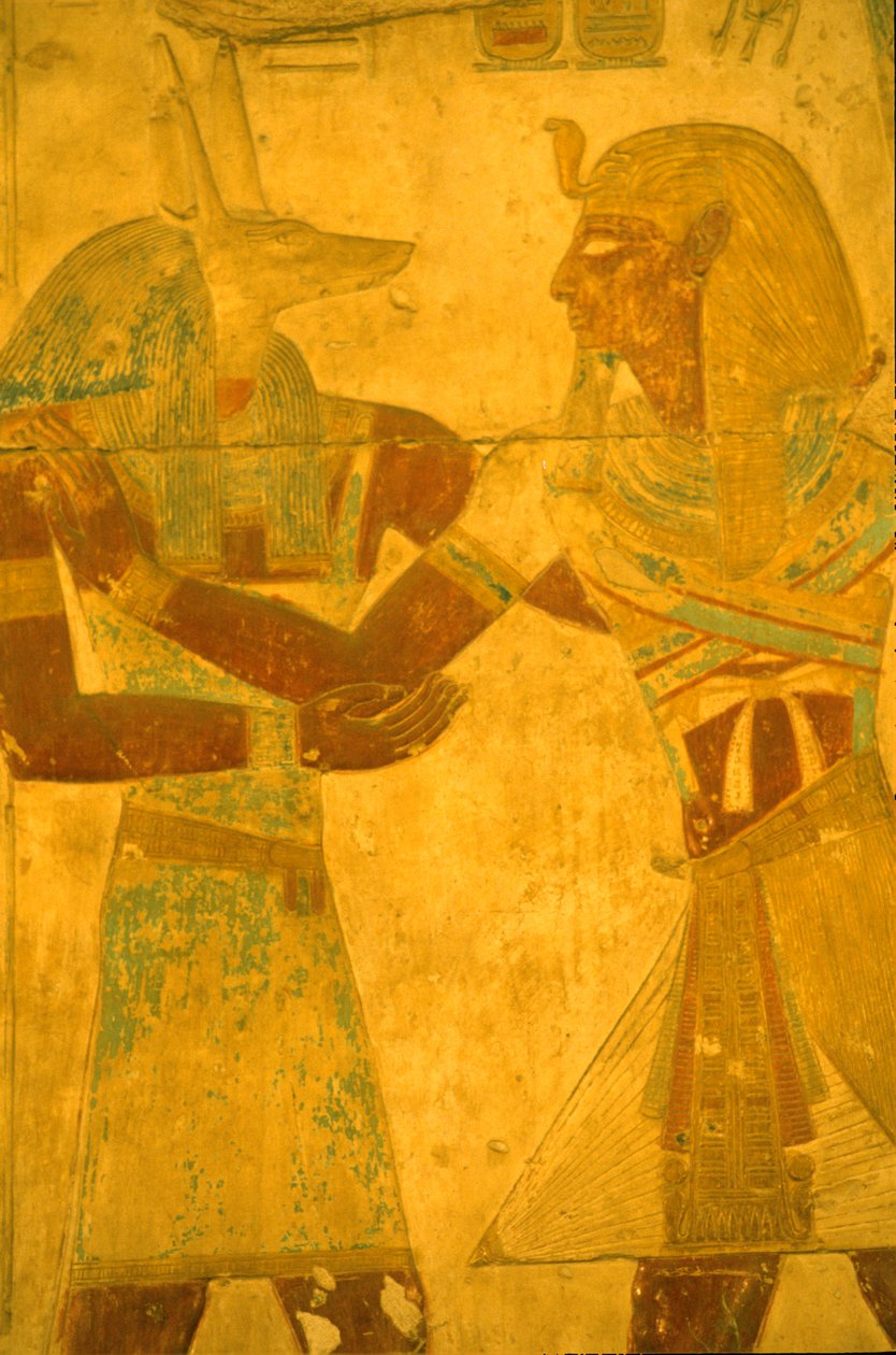 Muinainen Egypti, Seinämaalaus/kaiverrus, Seti I halaa Anubiksen jumalaa, Seti I:n temppeli, Abydos tekijältä Leopold Blonder