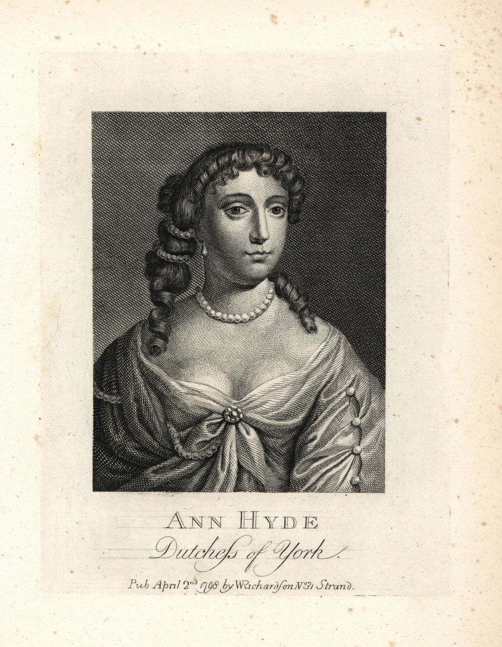 Anne Hyde (1637-1671), Yorkin ja Albanyn herttuatar, Englannin kuningas Jaakko II:n ensimmäinen vaimo. Kuparikaiverrus Sir Peter Lelyn muotokuvan mukaan William Richardin teoksesta Portraits Illustrating Granger