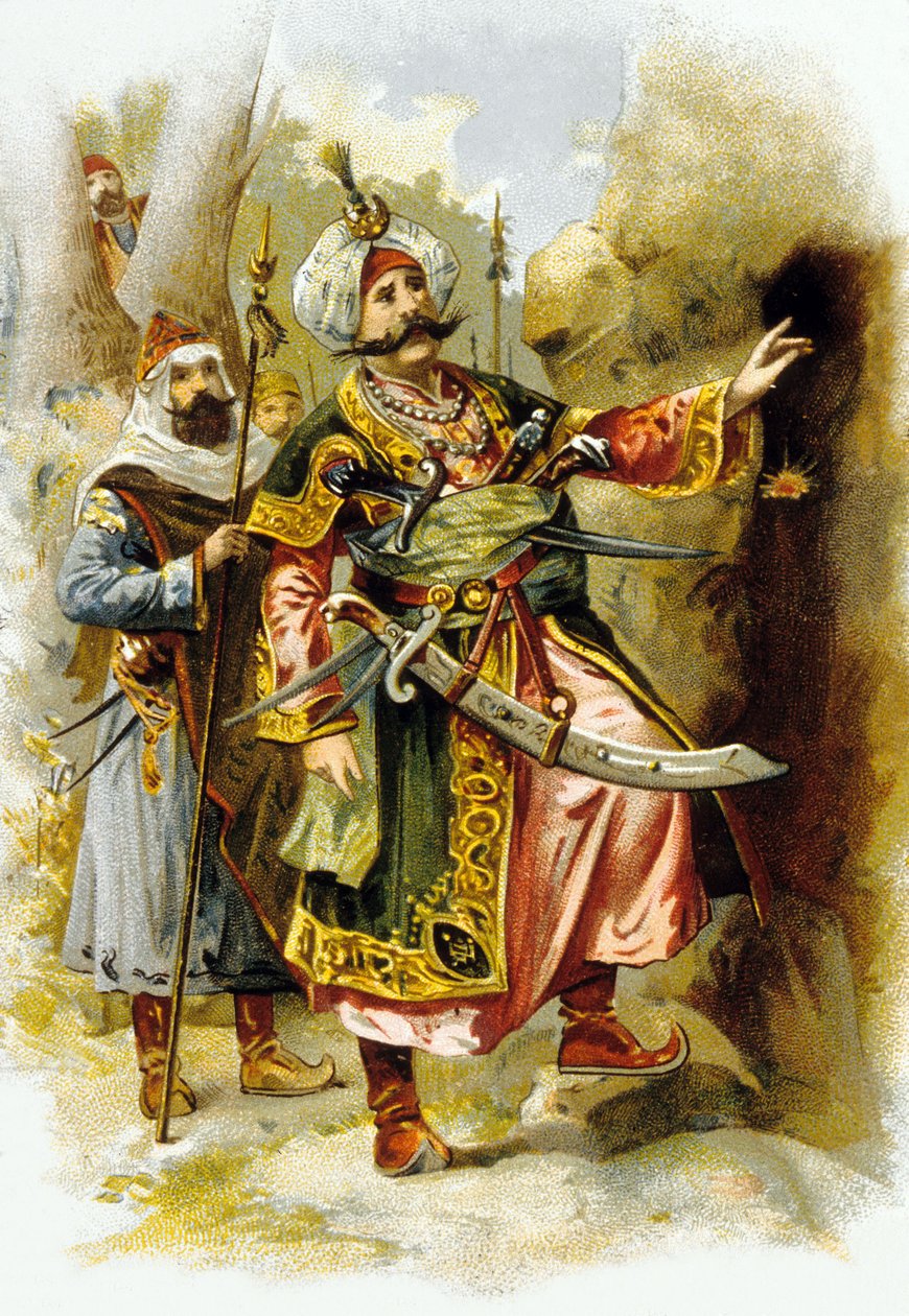 Arabian yöt : Ali Baba ja neljäkymmentä varasta : varkaiden johtaja sanoo "Open Sesame", Le Bon Marche -lehden mainos n. 1900. tekijältä Unbekannter Künstler