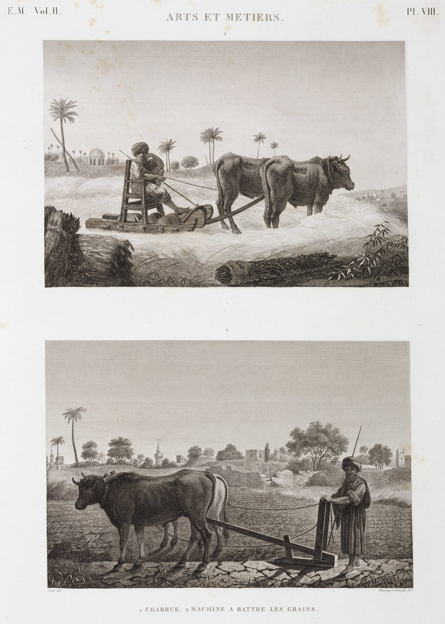 Peltoviljely, kyntö Puimakone ja aura, Egypti, n. 1798 tekijältä Unbekannt
