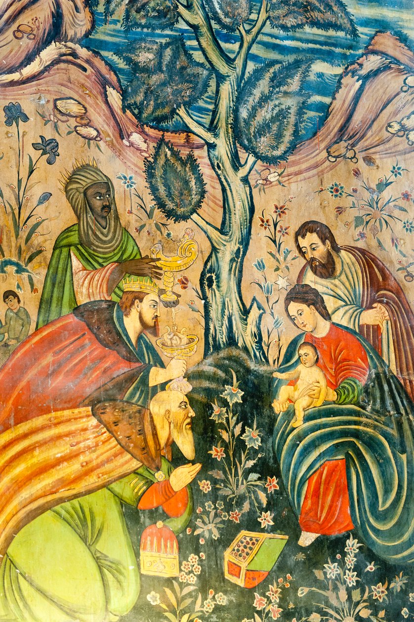 Armenian apostolinen kirkko; Seinämaalaus; Maagien palvonta; Jeesus Kristus; Maria ja Joosef; Kolme viisasta antavat lahjoja; Betlehemin kirkko tai Bedkhemin kirkko; Julfa piiri tai Jolfa; Isfahan; Iran; Aasia tekijältä Unbekannt