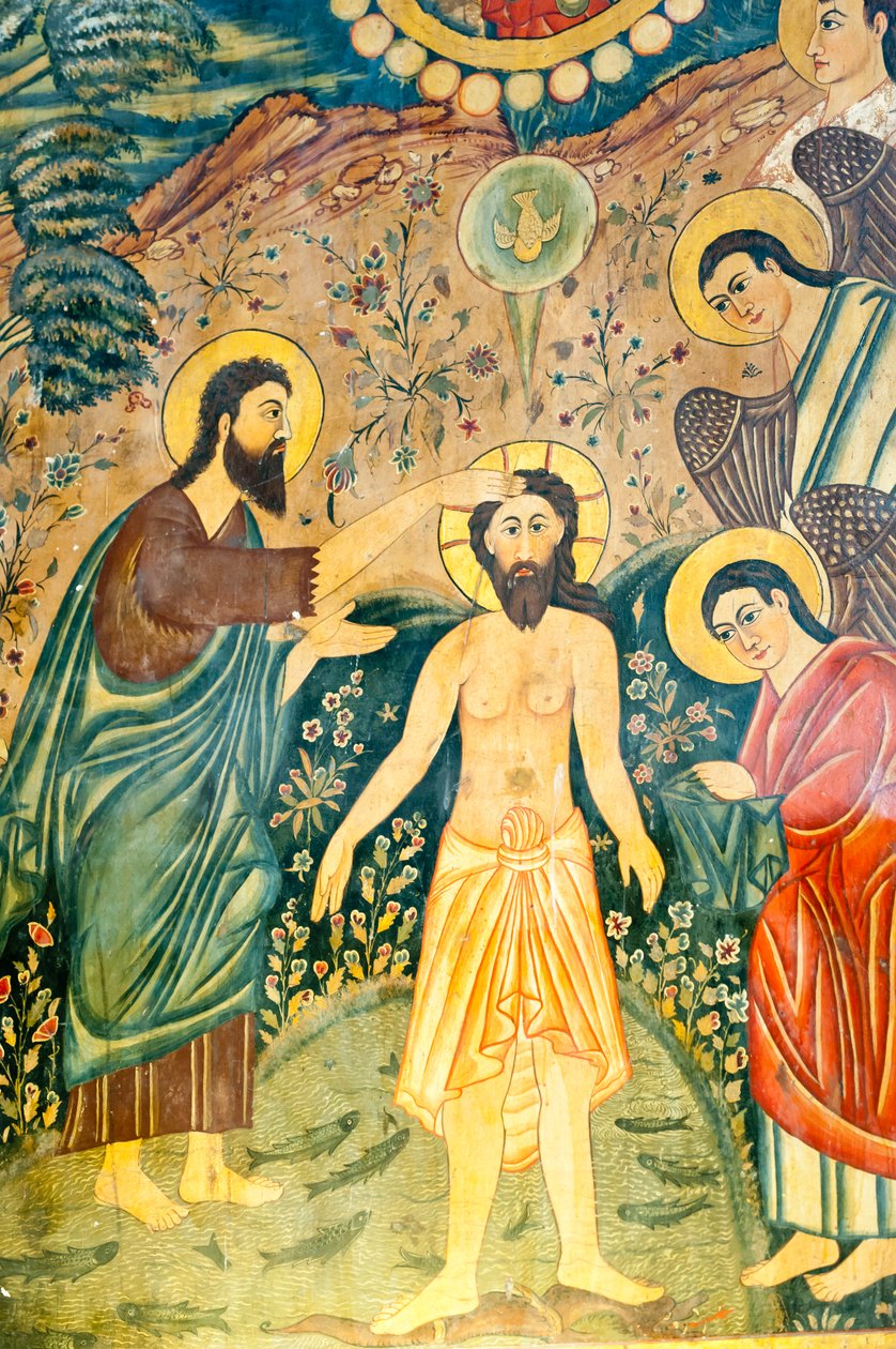 Armenian apostolinen kirkko; Seinämaalaus; Johannes Kastajan Jeesuksen Kristuksen kaste Jordanissa; Betlehemin kirkko tai Bedhamin kirkko; Julfa piiri tai Jolfa; Isfahan; Iran; Aasia tekijältä Unbekannt