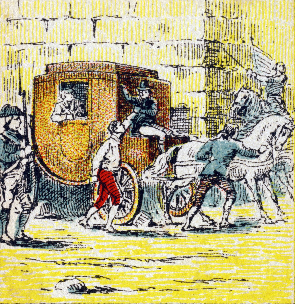 Ludvig XVI ja hänen pakenevan perheensä pidätys Varennesissa 21. kesäkuuta 1791. Kaiverrus "Histoire de France". Mainoskuvien sarja julkaistu Louit
