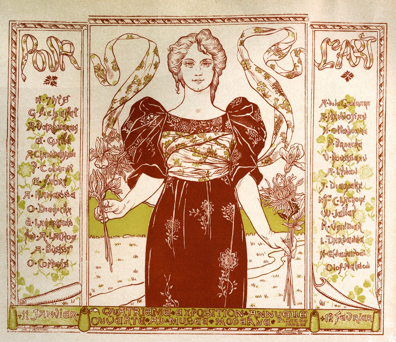 Art. Kuvataide. Taiteeseen. Art Nouveau -näyttely Musee Modernessa Brysselissä. Alexandre Hannotiaun juliste, Belgia. tekijältä Unbekannter Künstler