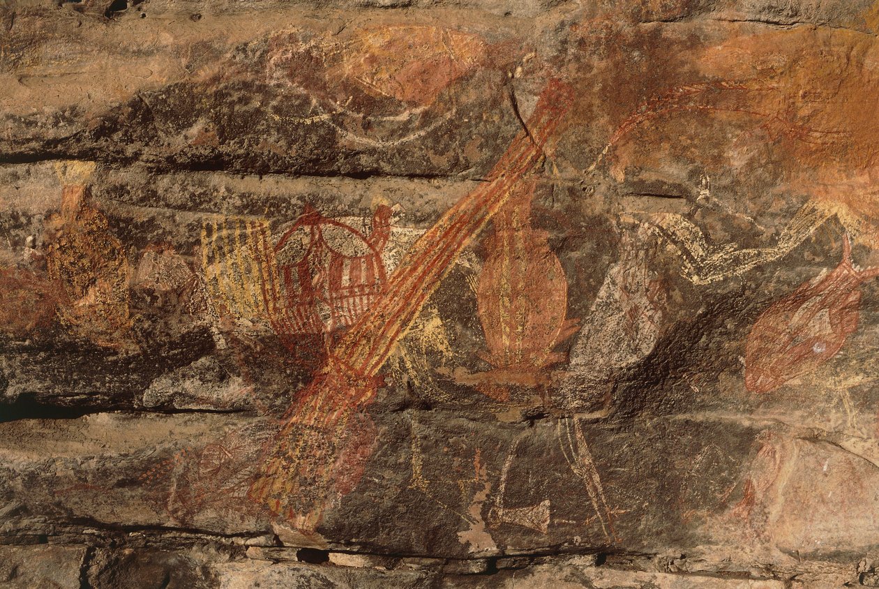 Australia, Northern Territory, Arnhem Land, Kakadun kansallispuisto, Obiri Rock, aboriginaalien kalliomaalauksia tekijältä Benjamin Baud