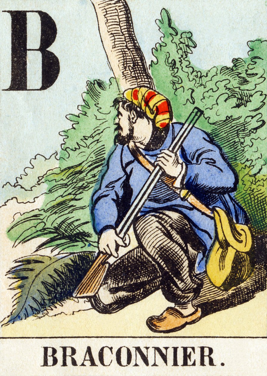 B : Braconnier - Metsästysaakkoset, n. 1890 (kaiverrus) tekijältä Unbekannt