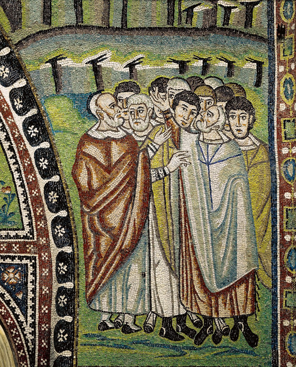 San Vitalen basilika, yksityiskohta lunette-mosaiikeista ambulatorion sisäänkäynnin yläpuolella, jotka edustavat Israelin kahdentoista heimon Aaronin johtajia, Ravenna, Emilia-Romagna, Italia tekijältä William M. Timlin