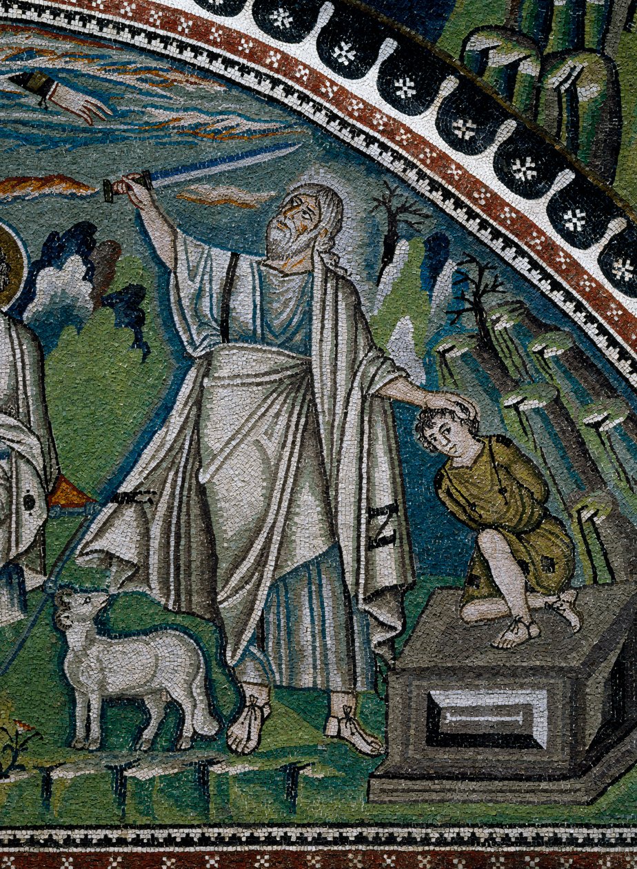 San Vitalen basilika, Aabrahamin tarinat, yksityiskohta lunette-mosaiikeista ambulatorion sisäänkäynnin yläpuolella, jotka edustavat Iisakin uhrausta, Ravennan, Emilia-Romagna, Italia tekijältä Benjamin Baud