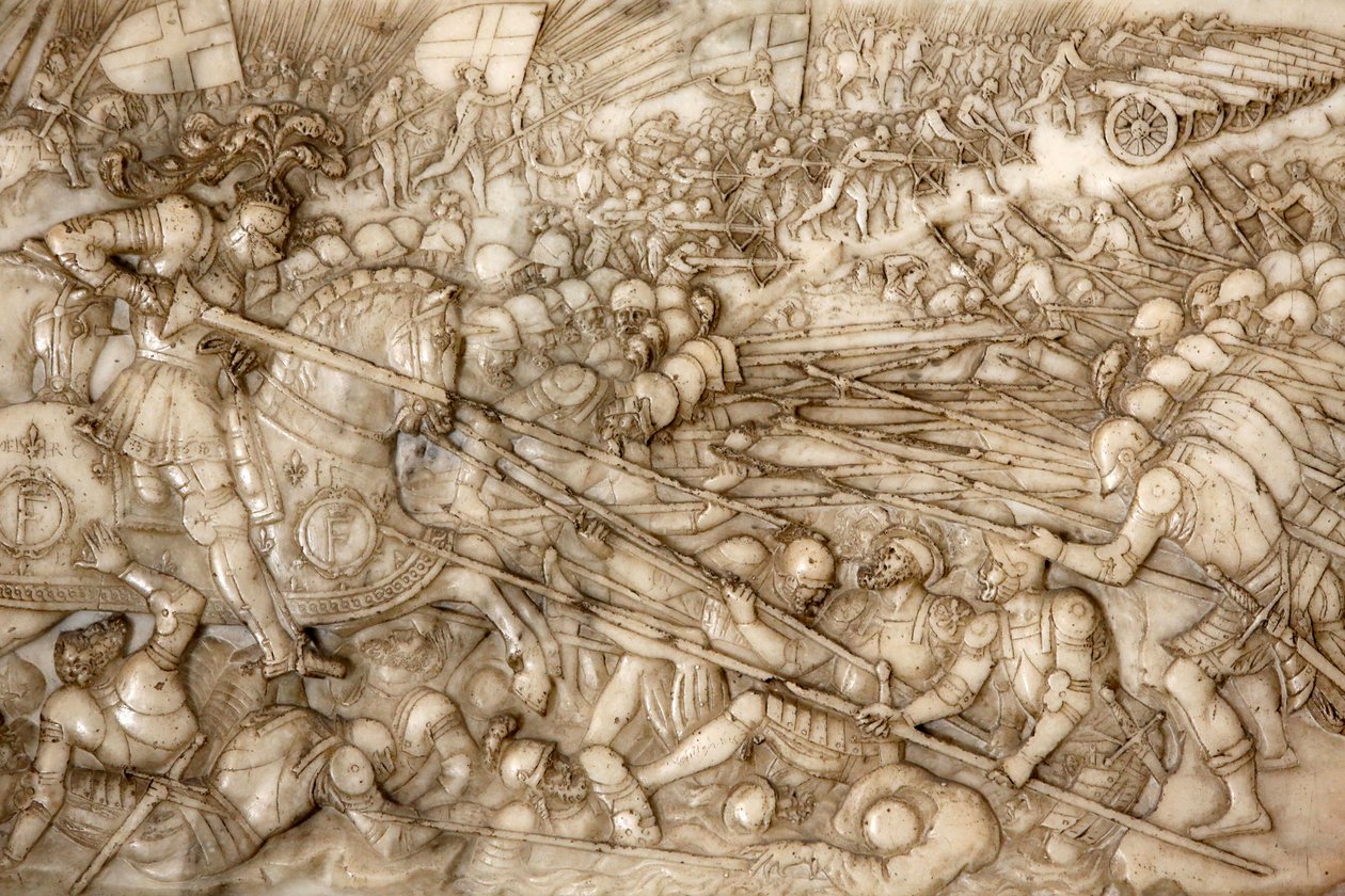 Pyhän Denisin basilika, Ranskan kuninkaan Francis 1 ja Ranskan Clauden hauta, Säätiön matala kohokuvio, Kuvaus Marignanon taistelusta vuonna 1515 - Francis 1:n voittoisa väliintulo, Saint-Denis, Ranska tekijältä Unbekannt