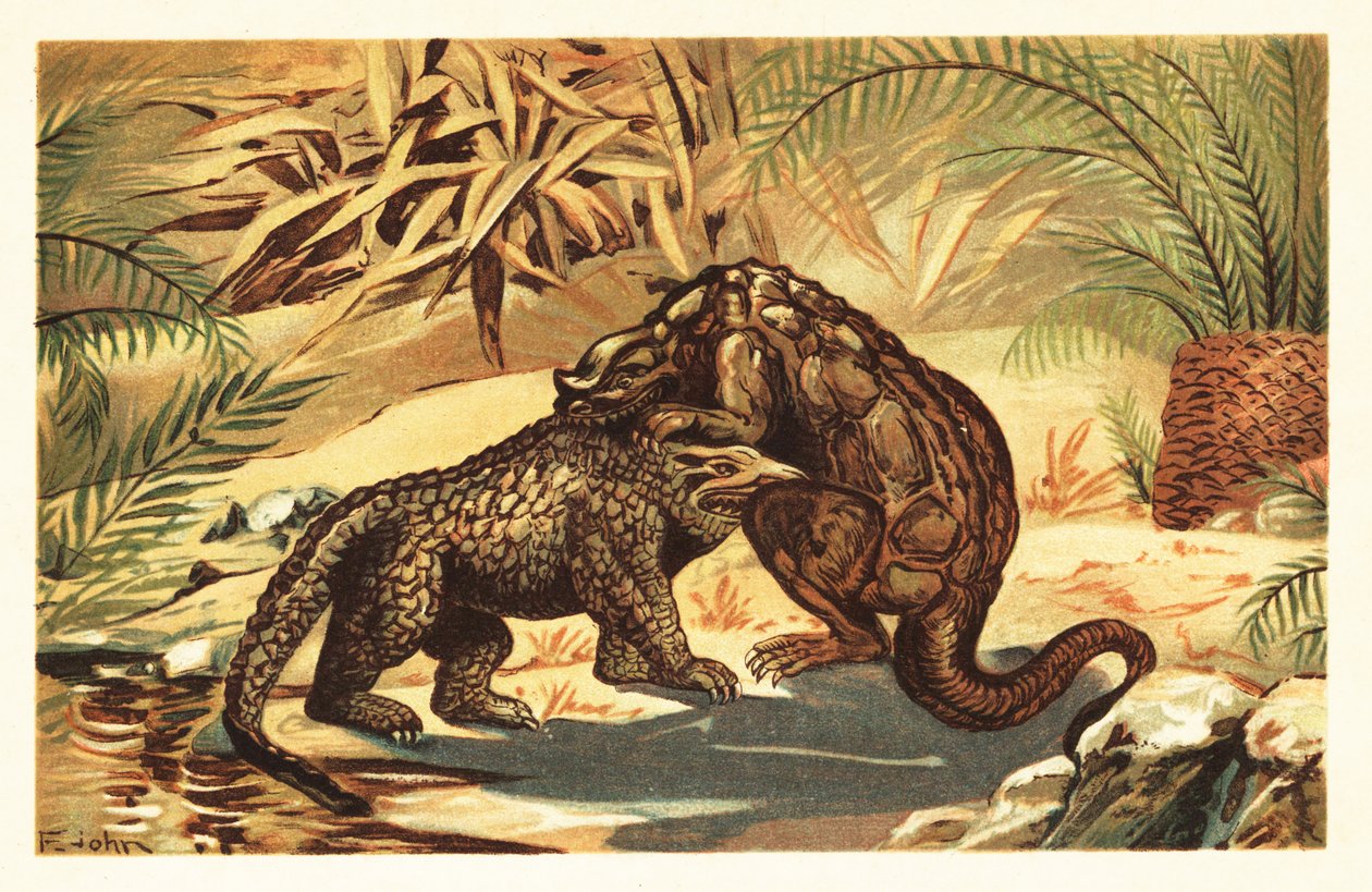 Taistelu Megalosaurus bucklandiin ja Iguanodon bernissar1908 välillä (litografia) tekijältä Unbekannter Künstler