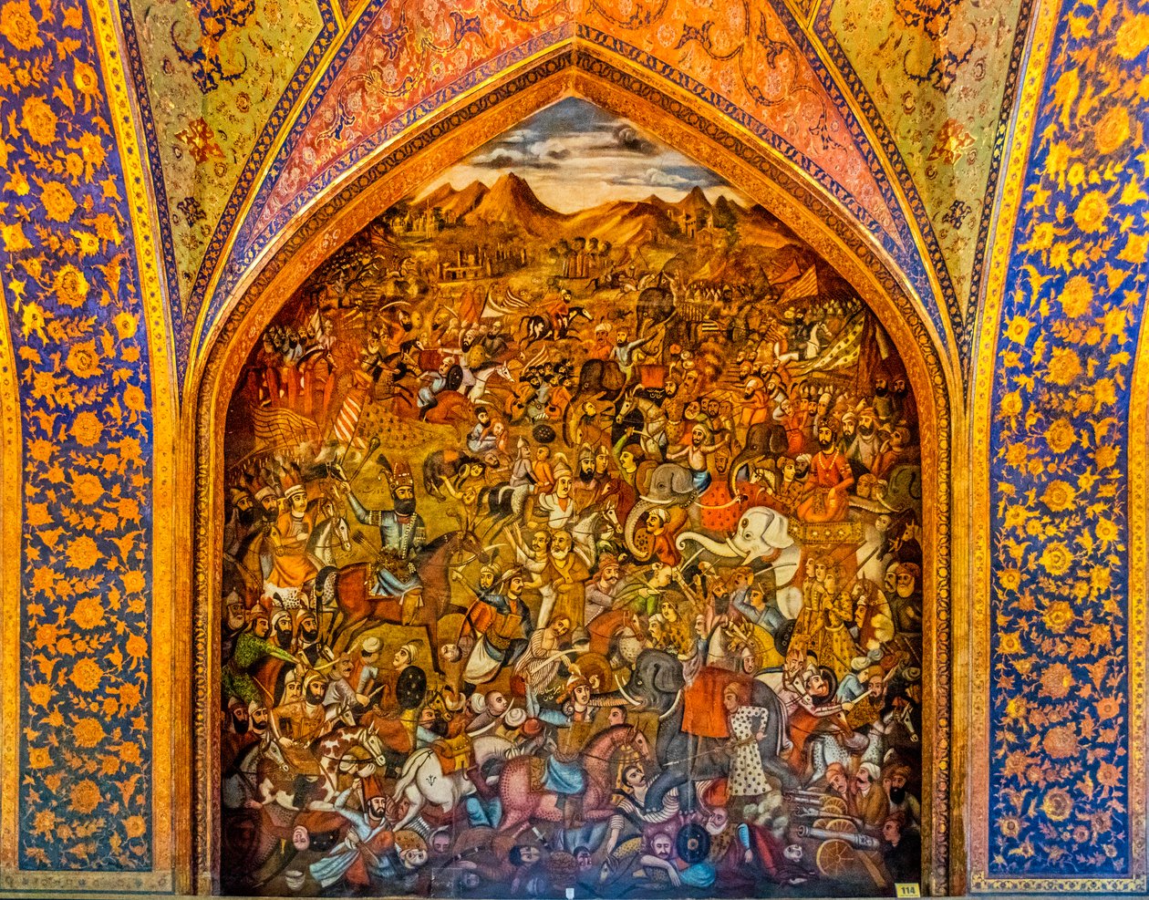 Chaldiranin taistelu ottomaanien Selim I:tä vastaan 1514, freskoja hovikohtauksilla ja taistelukohtauksilla, Chehel Sotounin palatsi, Isfahan, Isfahan, Iran, Aasia (kuva) tekijältä Unbekannter Künstler