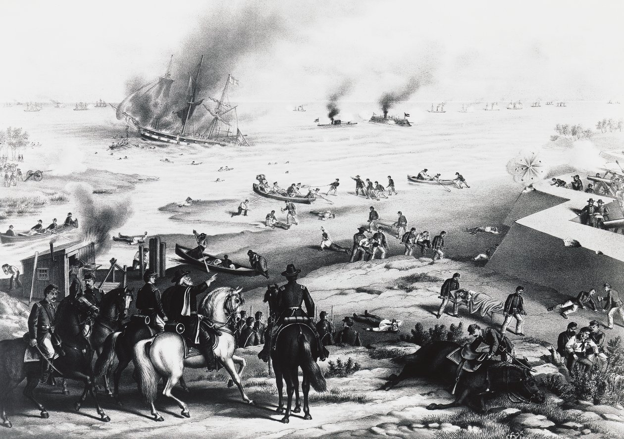 Battle of Hampton Roads tai Battle of Ironclads, USS Monitor ja CSS Virginia (oikealla), 9. maaliskuuta tekijältä William M. Timlin