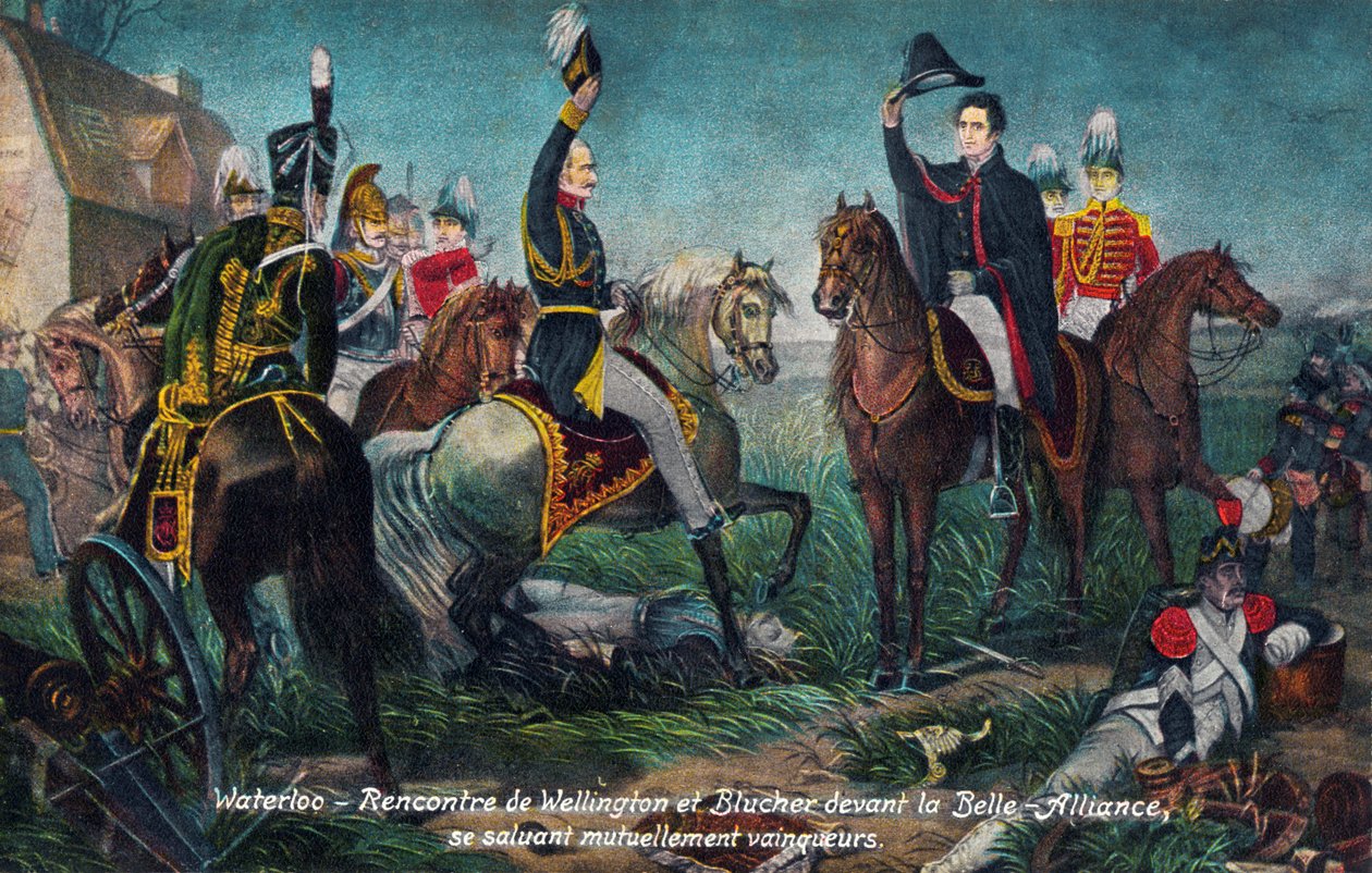 Waterloon taistelu : Wellingtonin ja Blucherin kohtaaminen vuonna 1815 (painettu). tekijältä Unbekannter Künstler