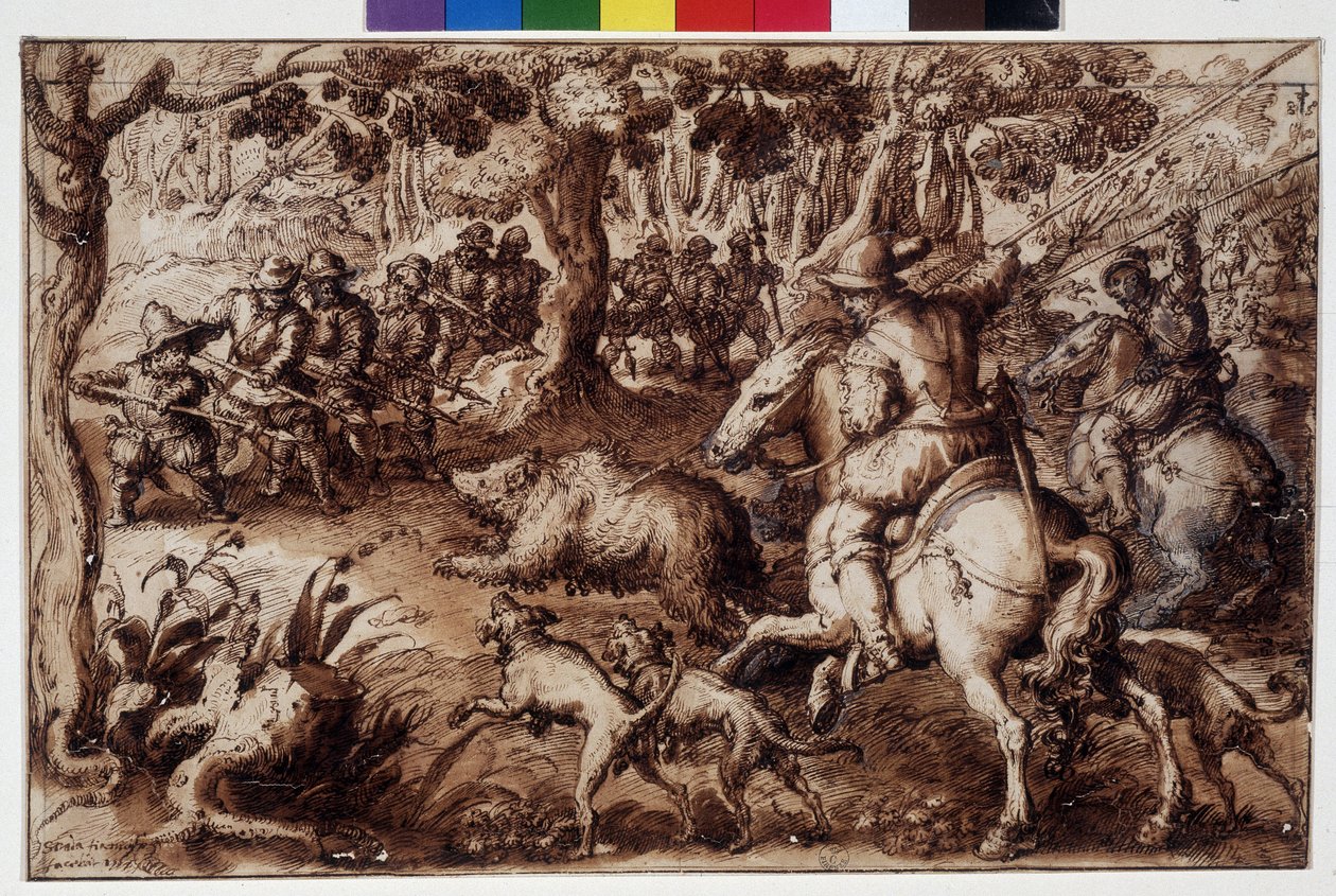 Karhunmetsästys. Giovanni Stradanon (Jan Van Der Straet) (Johannes Stradanus) (1523-1605) piirustus. Firenze, Gabinetto dei Disegni e delle Stampe degli Uffizi (Uffizi). GDSU 2343 F tekijältä Unbekannter Künstler