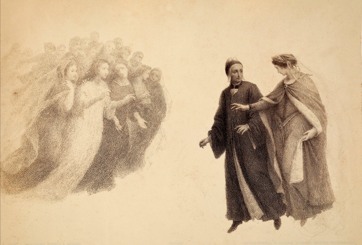 Paratiisin taivaanrannassa Beatrice osoittaa Danten sieluryhmää. Kuvitus Dante Alighierin Jumalaisen komedian Paradiso-kappaleen III laulusta. Franceso Scaramuzzan Firenzen kunnalle omistama teos. tekijältä Unbekannter Künstler