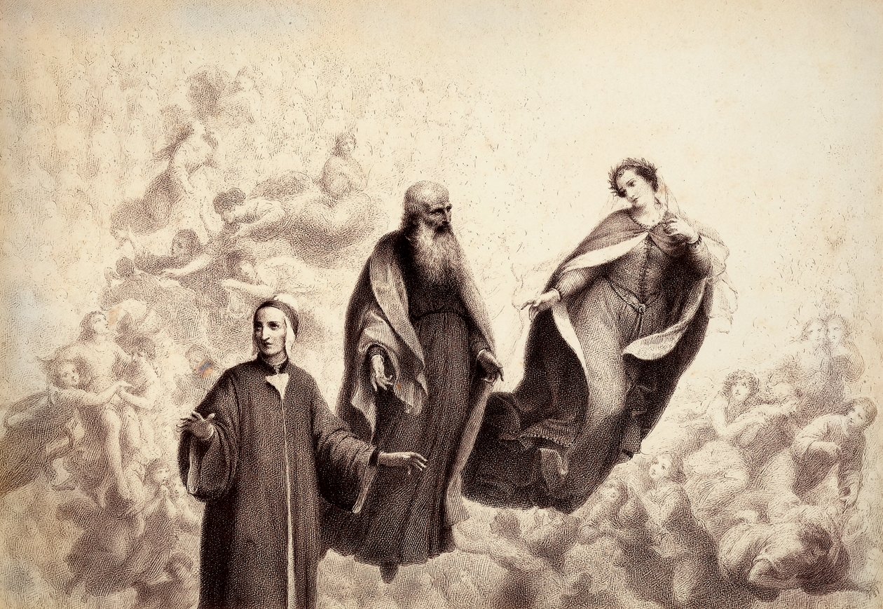 Beatrice siirtyy pois Danten luota, ja hänen rinnalleen ilmestyy Pyhä Bernard. Kuvitus Dante Alighierin teoksen Jumalaisen komedian Paradiso-kappaleen kantosta XXXI. Francesco Scaramuzzan Firenzen kunnalle omistama teos. tekijältä Unbekannter Künstler