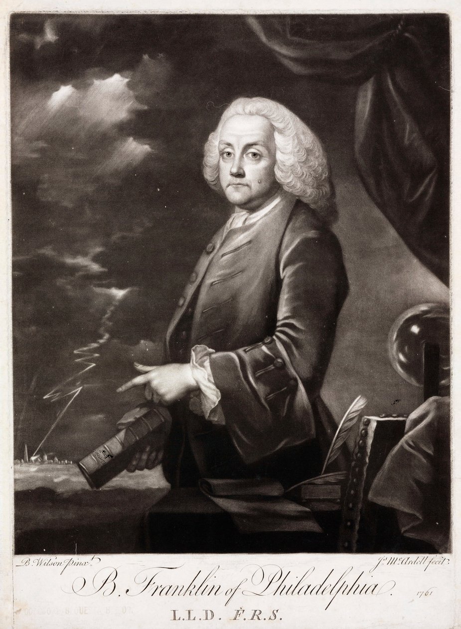 Benjamin Franklin, amerikkalainen staattisen sähkön teoreetikko tekijältä Unbekannt