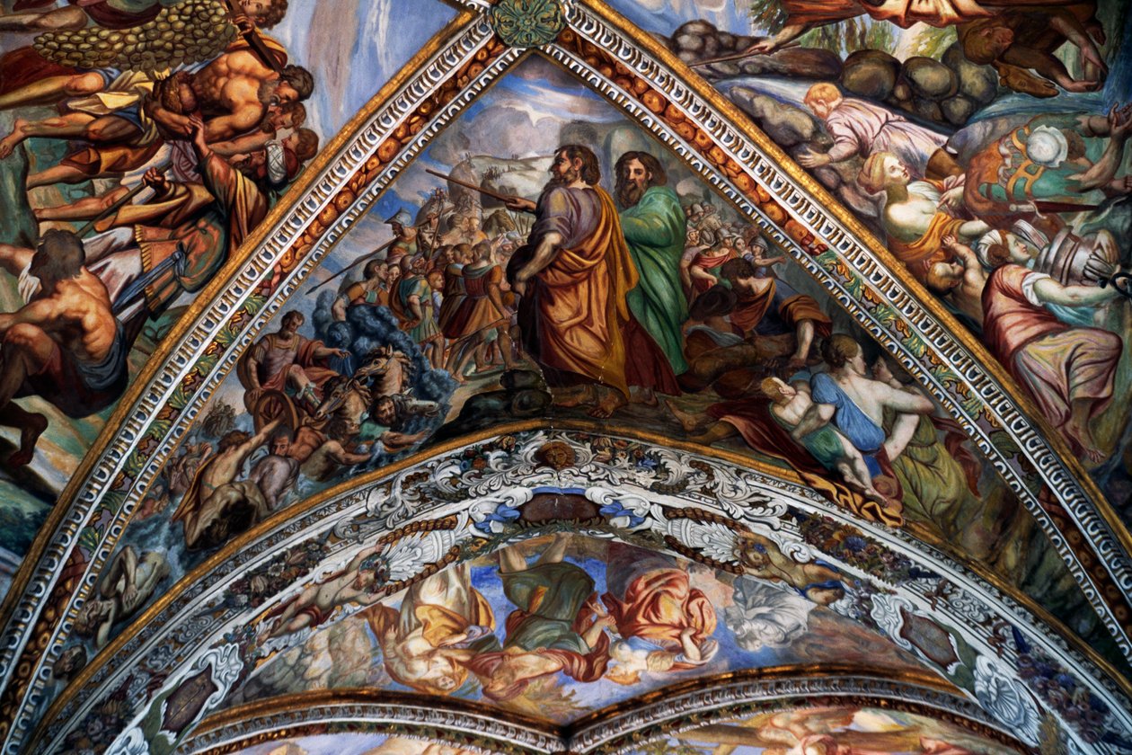 Raamatun kohtauksia, freskoja (1700-luku) Pyhän Bartolomeuksen katedraalin holvilta, Lipari, Liparisaaret (UNESCOn maailmanperintöluettelo, 2000), Sisilia, Italia. tekijältä Benjamin Baud