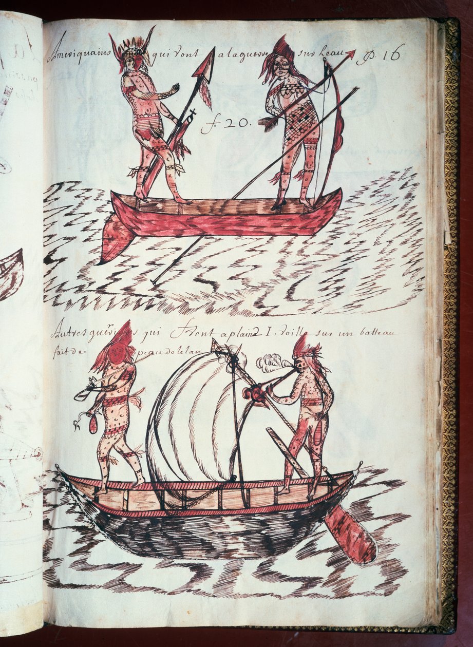 Intiaanien veneitä, sivu Codex Canadensisista (1664-1675), Louis Nicolasin käsikirjoitus pergamentille tekijältä William M. Timlin