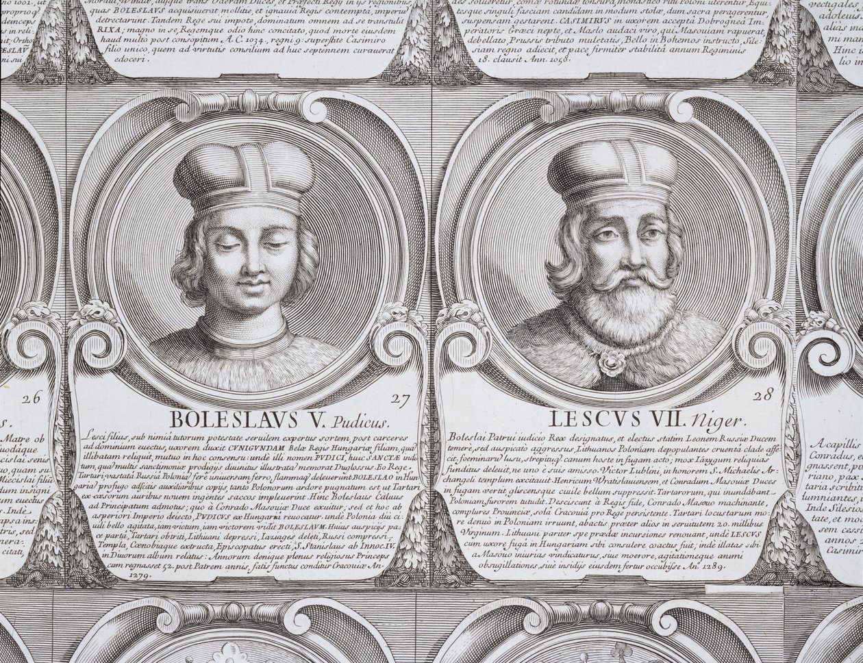 Boleslaw V, siveä, ja Leszek II, musta, nro. 27 ja 28 julkaisusta "Puolalaisten herttuoiden ja kuninkaiden kronologinen sarja" (kaiverrus) tekijältä Unbekannt