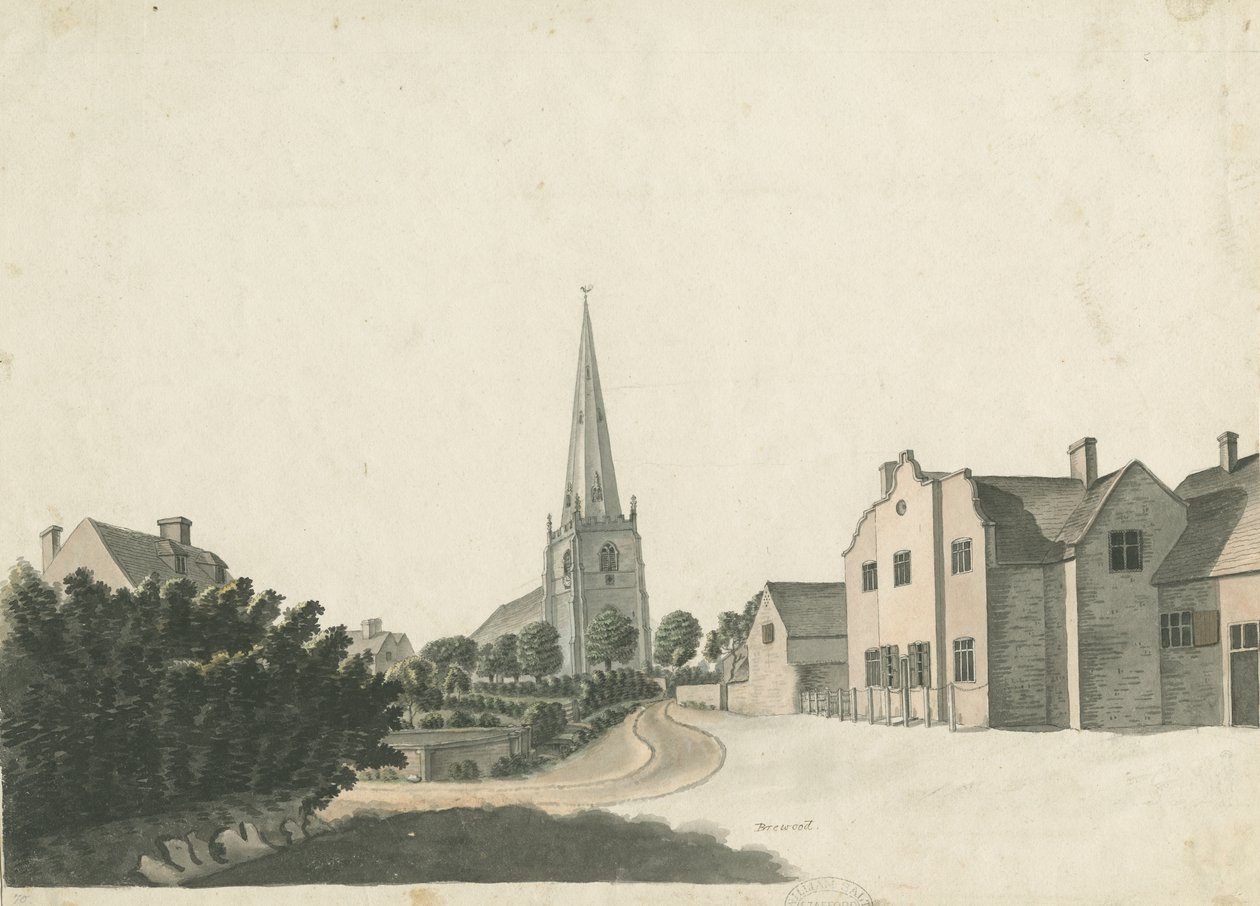 Brewood Grammar School: värillinen kynäpiirros, nd [?1800-luku] tekijältä Unbekannt