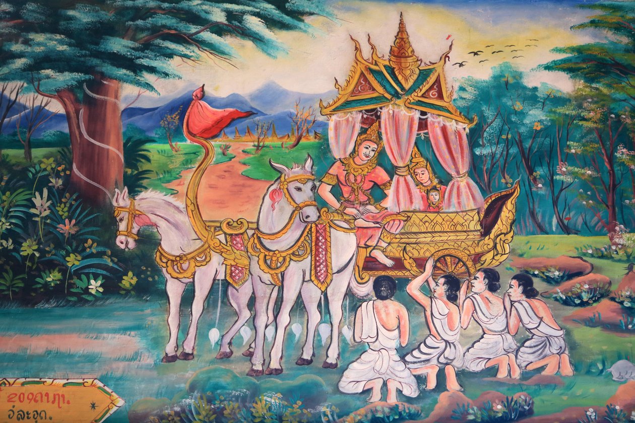 Buddha ja prinsessa Yashodhara ja heidän poikansa Rahula. Buddhan elämä. Seinämaalauksia. Wat Inpeng. Ventiane. Laos, 20151029, Vientiane, Laos tekijältä Unbekannt