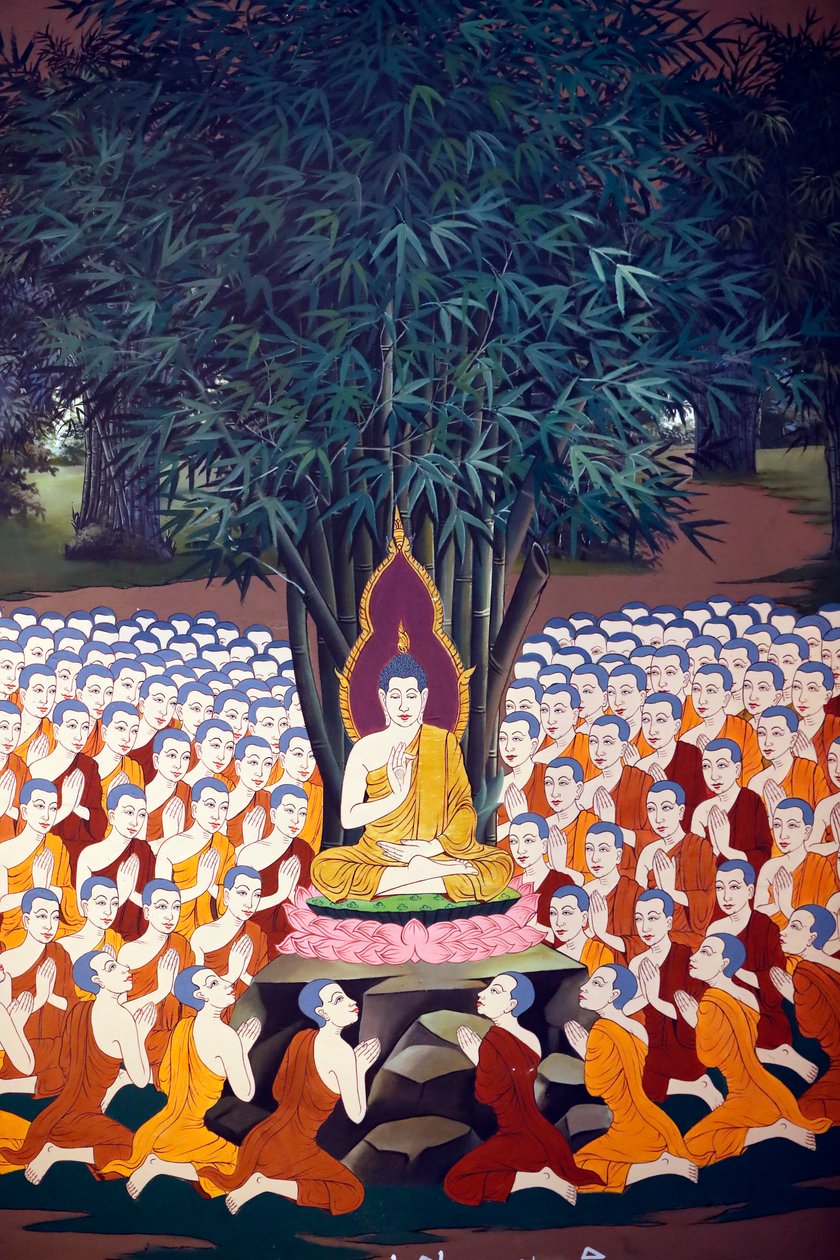 Buddhan opetus opetuslapsille, seinä fresko, Wat Botum temppeli, Phnom Penh, 2022 (kuva) tekijältä Unbekannter Künstler