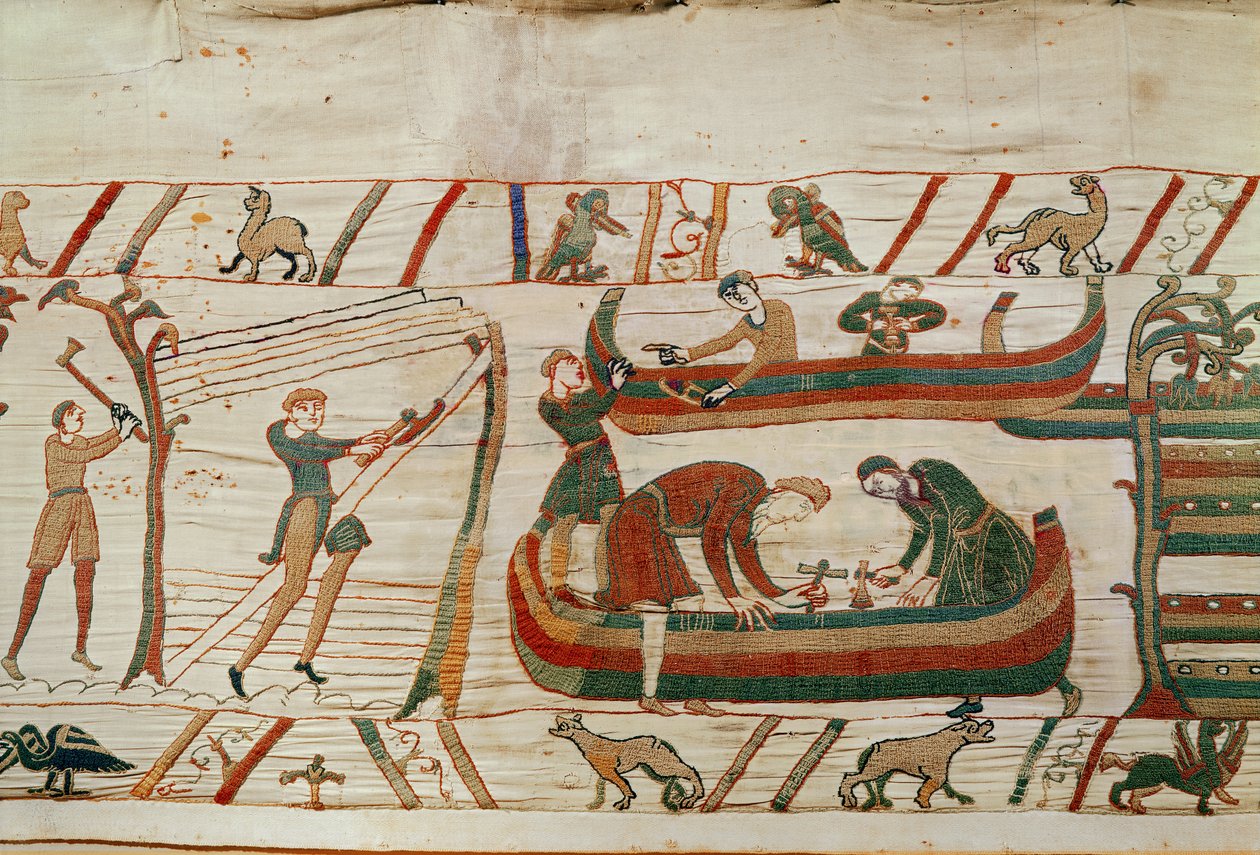 Laivojen rakentaminen Duke Williamin käskystä, Bayeux Tapestry (villakirjonta pellavalle) tekijältä Unbekannt